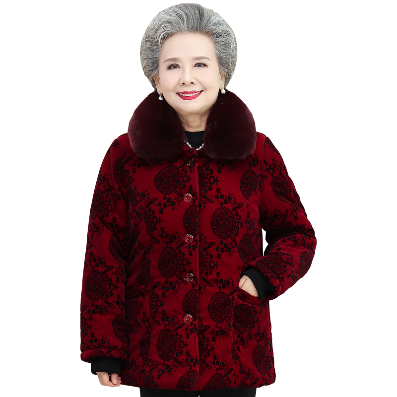 中老年人冬装女装加绒大码毛领棉衣 魔曲中老年女装