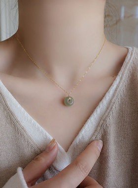 天然和田玉青白玉平安扣锁骨链