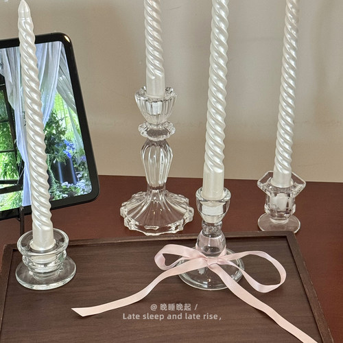 ins风法式缎面长杆螺纹蜡烛餐厅浪漫高级感装饰摆件节日家居布置 - 图1