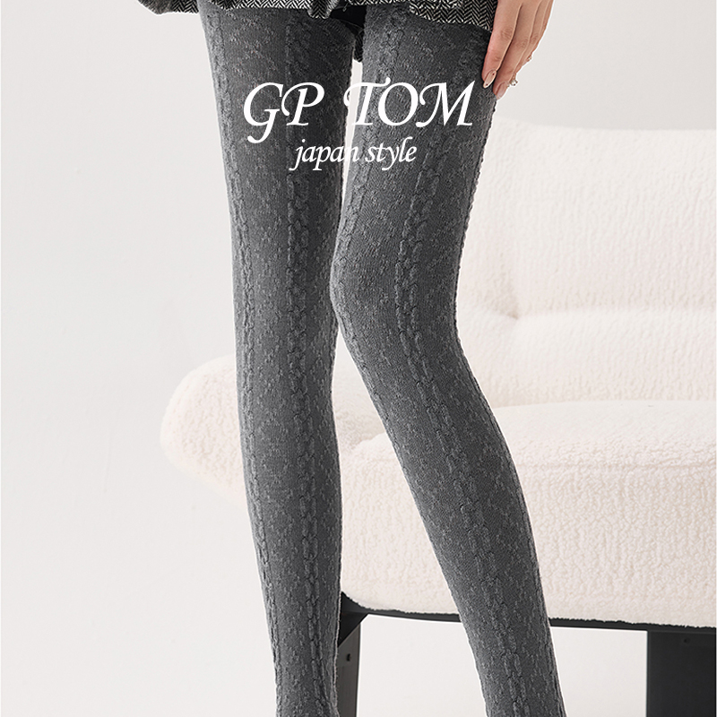 日本GP TOM羊毛打底裤袜女秋冬保暖复古绞花压力显瘦灰色连裤袜女 - 图1