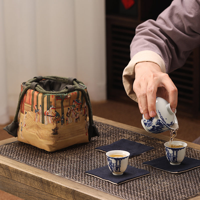 爱洛琳 复古棉麻茶杯收纳袋 茶具布艺加厚便携包束口手提小茶杯包