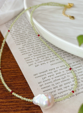 彩色天然橄榄石米粒串珠项链不规则巴洛克珍珠锁骨链颈链女饰品