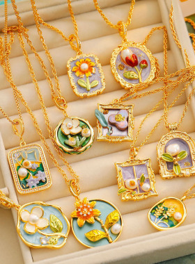富贵彩色莫奈梵高油画项链vintage高级感巴洛克珍珠蝴蝶花瓣颈链