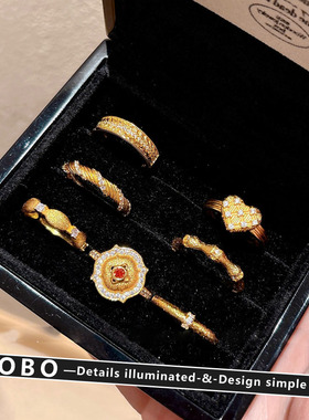 沙金不掉色爱心水晶戒指女小众设计感高级感可调节食指戒复古指环