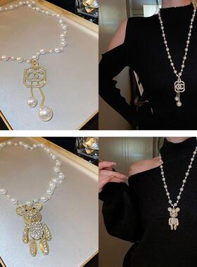 花朵珍珠双层叠戴长款项链