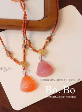 国风天然和田玉佛公红绳项链女玉髓无事牌锁骨链新中式天然石颈链