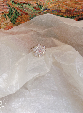 限时高级轻奢闪亮锆石花朵戒指女小众设计感开口可调节食指戒配饰