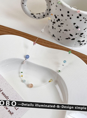 趣味悬浮彩色星球串珠项链女饰品清新鱼线透明锁骨链甜美错落颈链