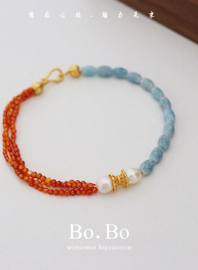 海蓝宝古风颈链南红玛瑙