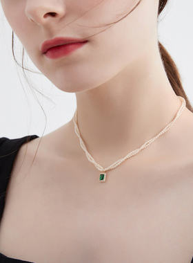 MCK祖母绿色仿珍珠双层叠戴项链