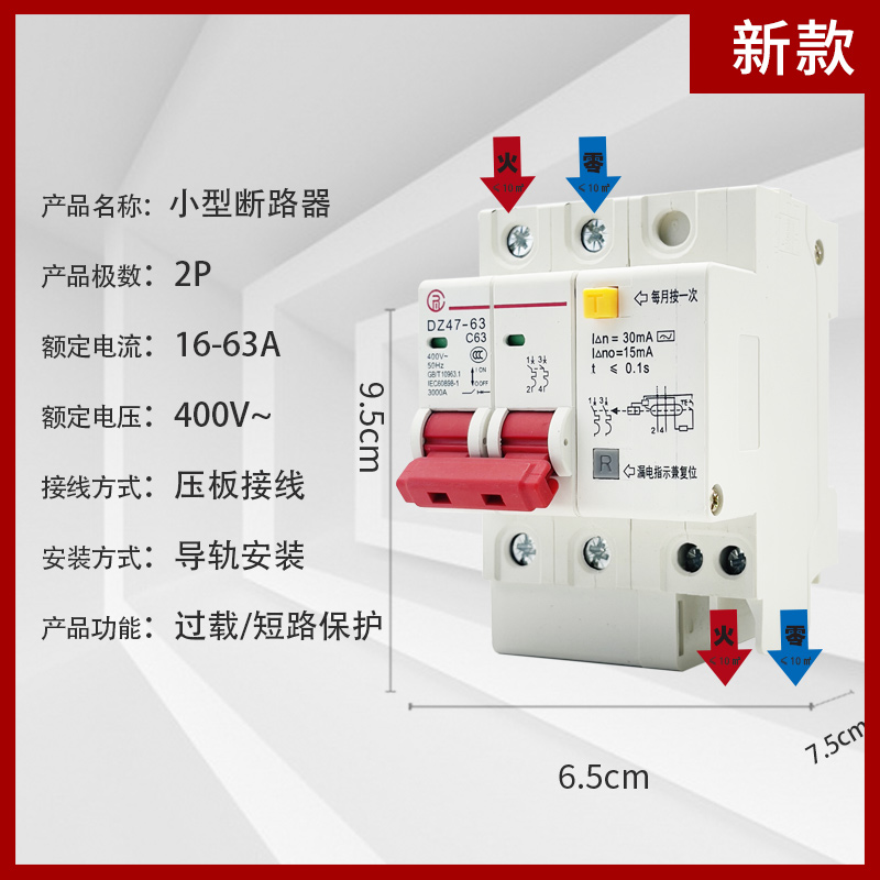 上海人民漏电开关DZ47LE2P63A空气开关带漏电保护器新款断路器C45 - 图0