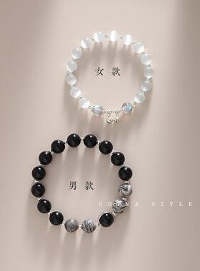 天然黑曜石纯银小铃铛情侣手链