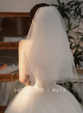 新娘主婚纱短款领证结婚蓬蓬头纱