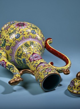 古玩旧藏收藏纯手绘鎏金瓷珐琅彩端把茶壶酒壶家居装饰摆件