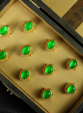 精品宫藏老翡翠玉戒指精工满绿鎏金花丝镶嵌开口戒指女首饰套盒装