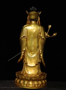 古玩收藏纯铜鎏金观音菩萨佛像摆件家用南海观音像镇宅坐莲花柳枝