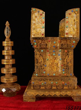 古寺地宫老水晶可图腾描金镶钻阿育王舍利宝塔内带舍利古董