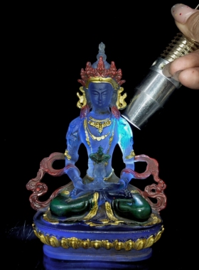 古董文玩描彩鎏金长寿佛地藏王菩萨琉璃佛供台供桌摆件复古带盒