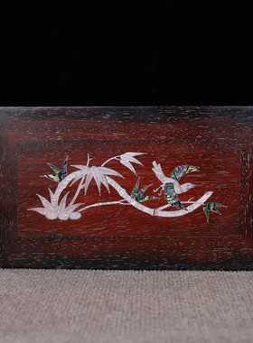 古玩杂项木雕实木料花梨木百宝镶嵌螺钿贝壳喜鹊登梅茶盘托盘摆件