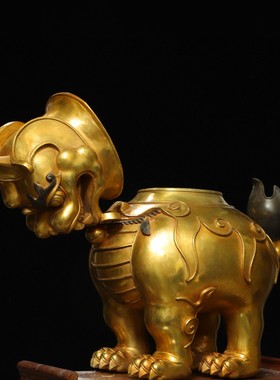 古玩收藏纯铜瑞兽炉摆件全铜金色办公室客厅店铺公司开业摆设