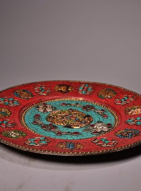 尼泊尔手工纯铜镶嵌宝石彩绘藏式复古做旧装饰盘子摆件八宝挂佛盘