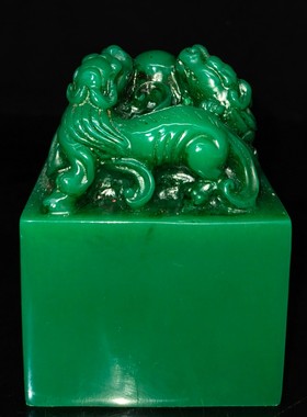 古玩纯手工雕刻寿山石三龙印章雕工仿古绿田黄石雕摆件收藏