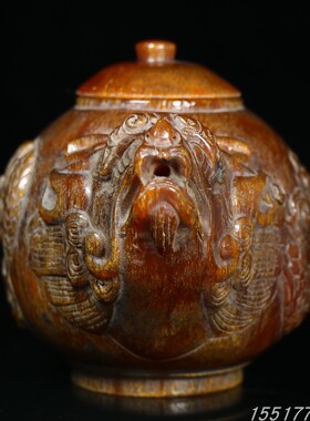 古玩古董收藏耗牛角兽头降龙牛角茶壶雕小摆件旧货老物件