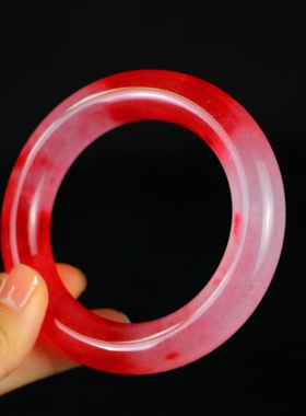 玉石冰种翡翠玉手镯双彩中国红帝王红粗圆条手镯玉镯鸡血红手环