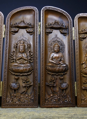 古玩杂项木雕老货收藏旧物件黄杨木精雕八大守护神八开盒屏风摆件