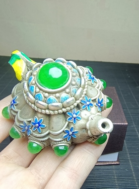 古玩老银烤蓝小银壶摆件银镶嵌宝石迷你把把壶居家茶道茶宠老物件