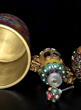 古玩杂项藏式双面纯铜蜜蜡镶景泰蓝龙凤鼻烟壶烟具内画藏银手把件