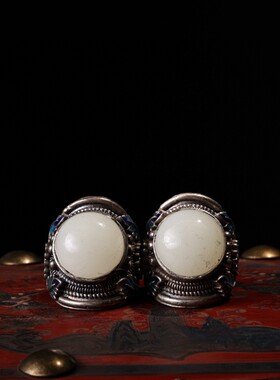 古玩收藏老银镶嵌和田玉戒指民族风复古银饰耳环耳饰漆器盒一套