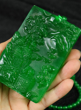 缅甸高冰翡翠绿山水项链挂牌满阳绿色吊坠帝王绿毛衣链情侣款玉佩