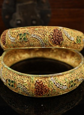 古玩收藏景泰蓝手镯鎏金掐丝镶嵌宝石手镯配漆器盒客厅摆件送礼