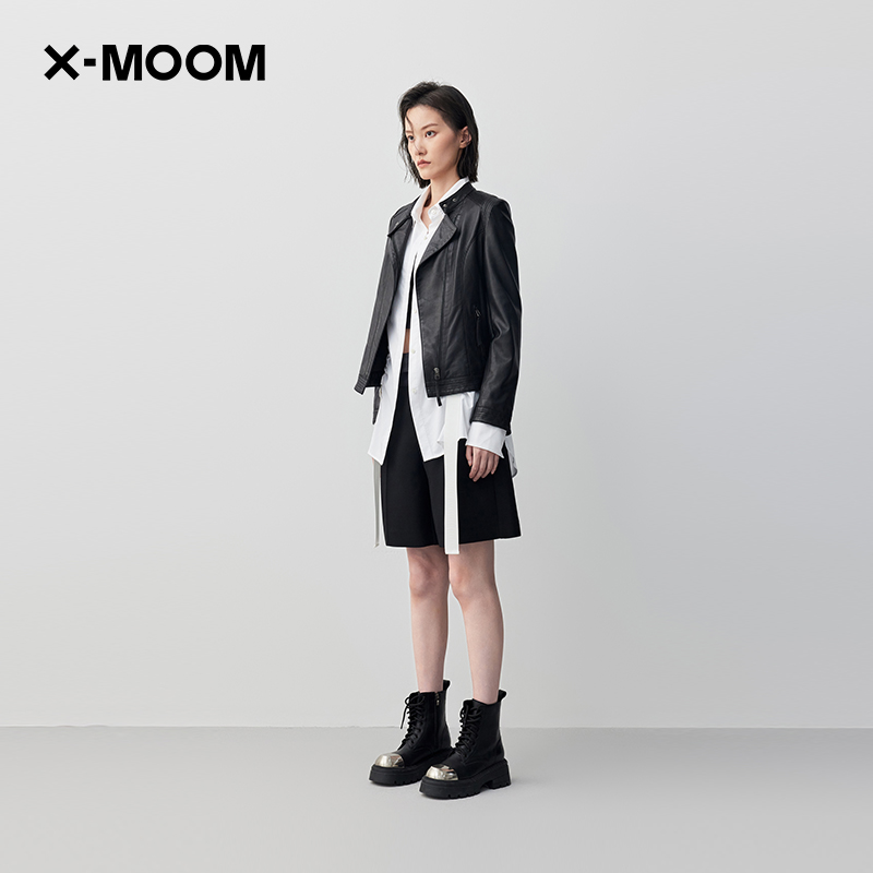 【商场同款】X--MOOM春秋新款绵羊皮立领复古机车夹克皮衣外套女