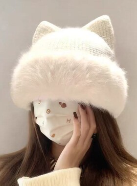 可爱针织毛线加厚毛绒保暖帽女冬