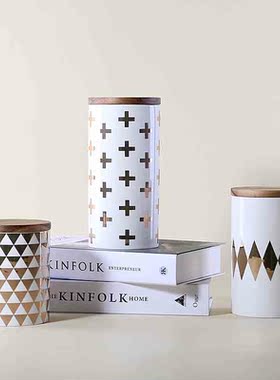 北欧创意木盖金色陶瓷储物罐密封罐厨房收纳罐子茶叶咖啡罐