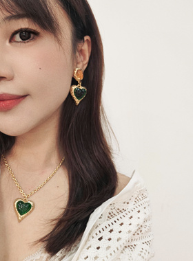 包邮 1908 复古Vintage镀真金保色宫廷风爱心琉璃耳钉耳夹项链