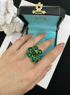 包邮 1834 复古Vintage镀真金保色宫廷风琉璃立体花朵开口戒指