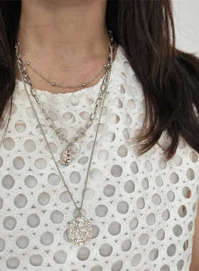 巴洛克人像图腾银色多层项链金属