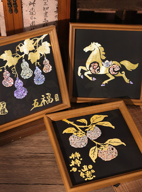 螺钿金箔小马五福相框画d
