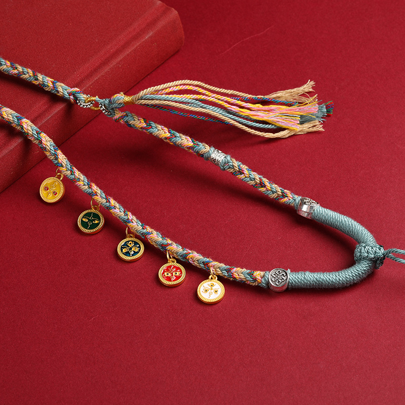 手工编织藏式吊坠项链绳手搓棉五路财神项链唐卡文玩天珠挂件绳 - 图0