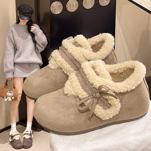 品牌羊羔绒勃肯鞋女2025冬新款魔术贴豆豆鞋加绒加厚内增高毛毛鞋 - 图1