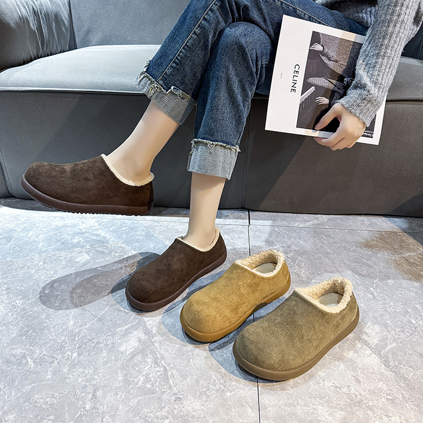 品牌官方真皮毛加绒保暖勃肯单鞋女2025冬新款平底一脚蹬毛毛棉鞋,淘宝优惠券,粉丝福利购,淘宝优惠卷