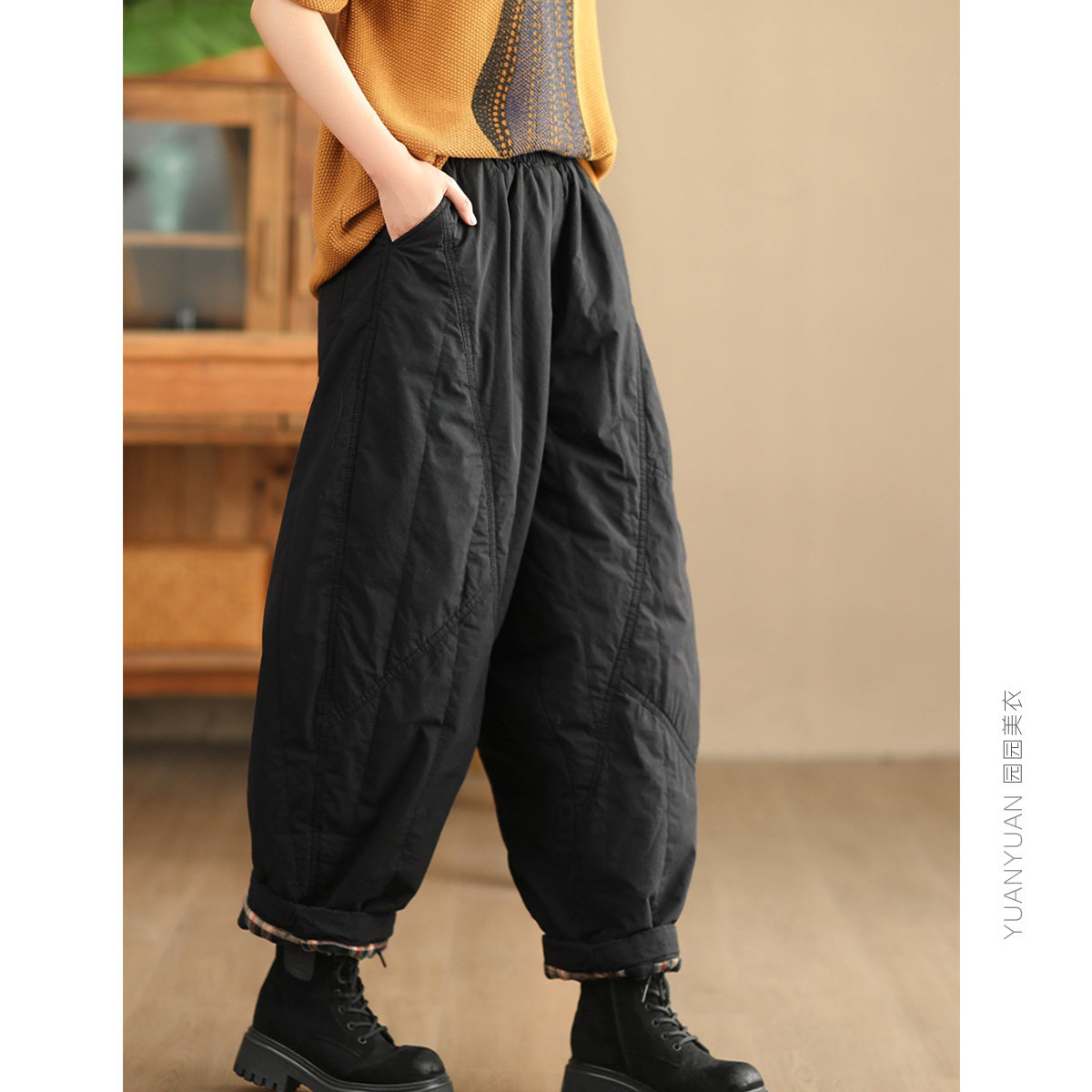 园园美衣冬季高支新疆棉加厚夹棉棉裤女松紧腰内里格纹保暖哈伦裤,淘宝优惠券,粉丝福利购,淘宝优惠卷