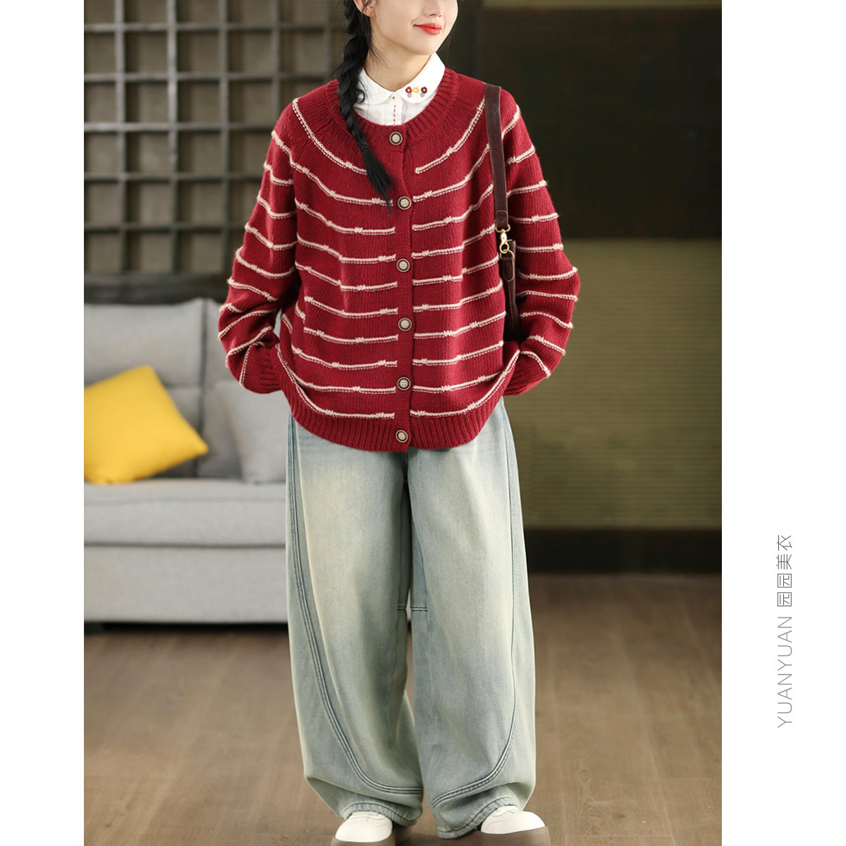 高品质 新款复古勾线条纹针织毛衣女春款单排扣长袖外搭休闲上衣,淘宝优惠券,粉丝福利购,淘宝优惠卷