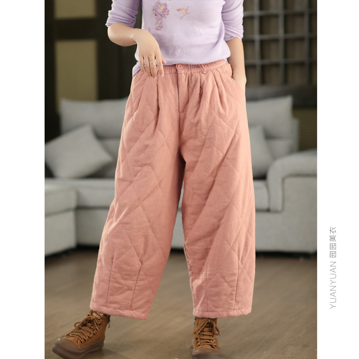 园园美衣秋冬砂洗100%亚麻夹棉棉裤重工菱格加厚棉裤保暖九分裤,淘宝优惠券,粉丝福利购,淘宝优惠卷