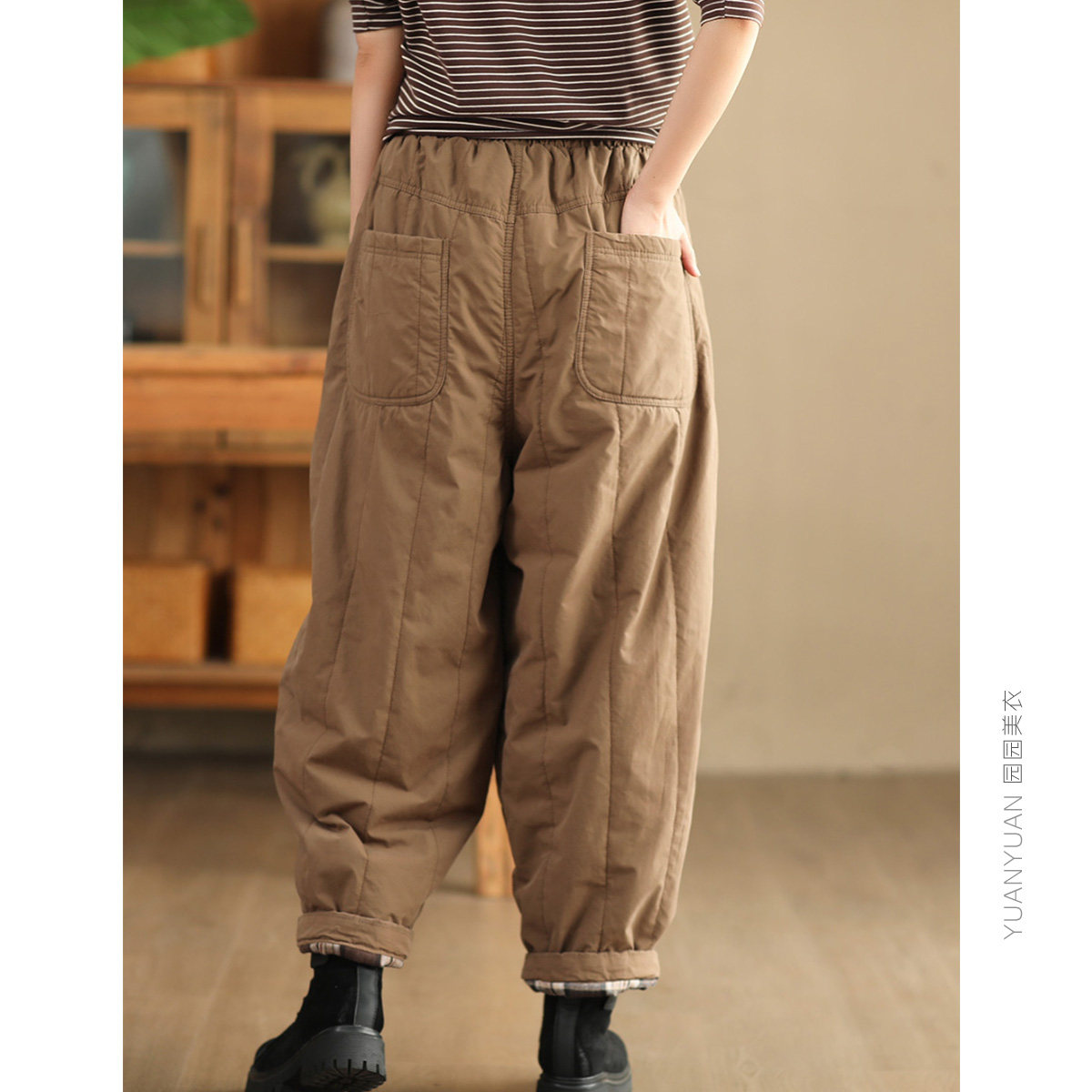 园园美衣冬季高支新疆棉加厚夹棉棉裤女松紧腰内里格纹保暖哈伦裤,淘宝优惠券,粉丝福利购,淘宝优惠卷