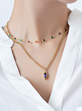 天然石多巴胺项链轻奢小众配饰女锁骨链简约高级感彩虹色串珠颈链