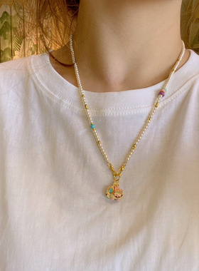 珍珠项链沙金小象吉祥女彩色滴油珐琅天河石高级感轻奢串珠锁骨链